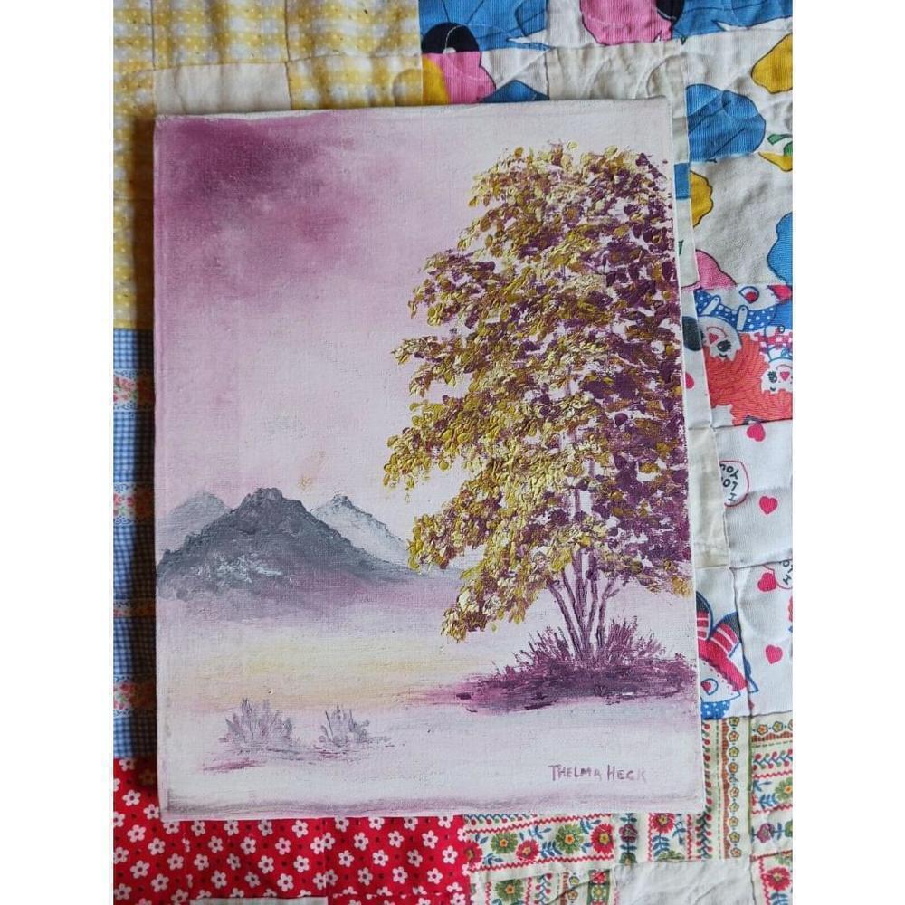 Art Landscape Painting Pink and Gray 1980s